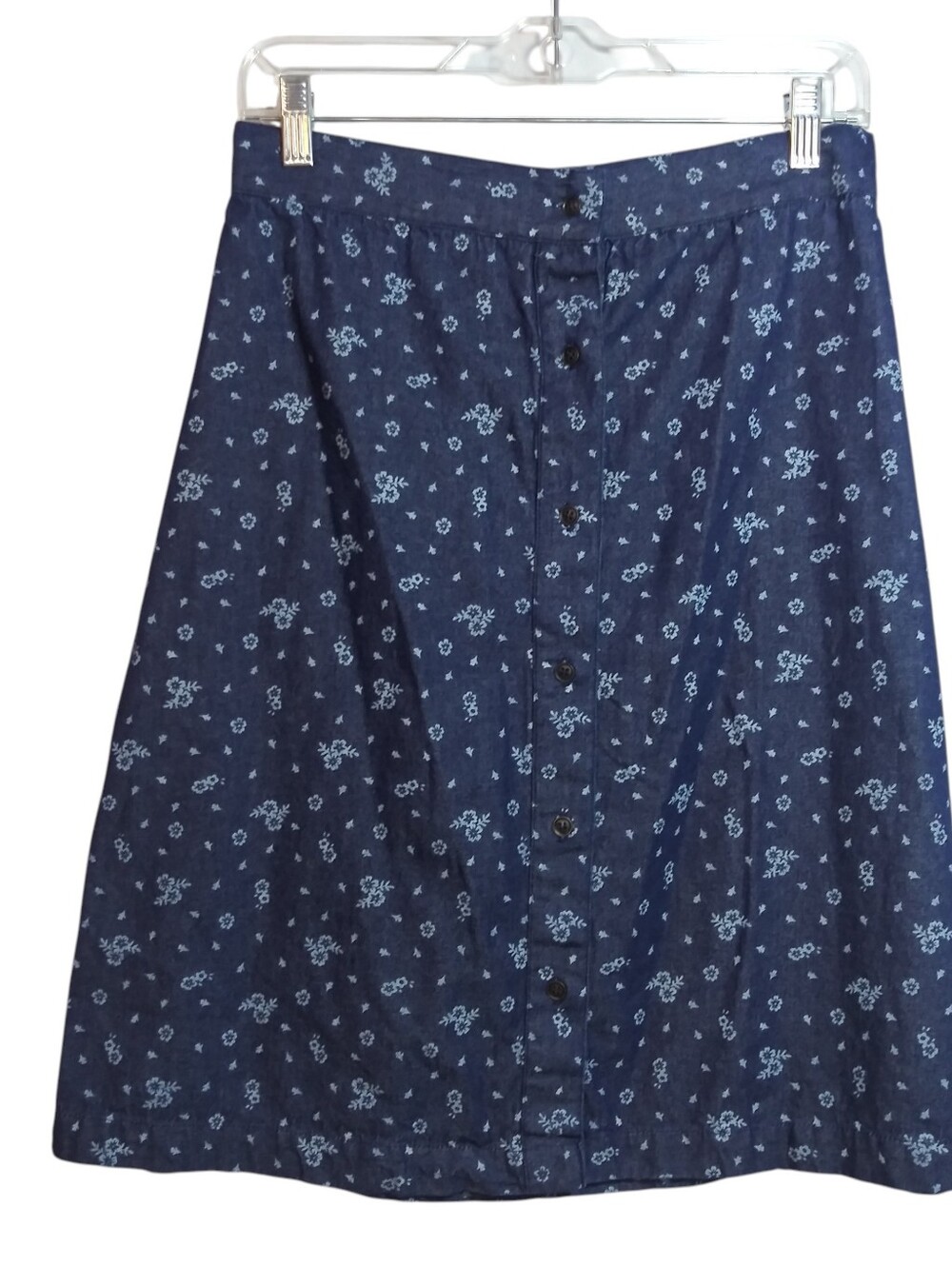 Country Store Button-Front Navy Floral A-Line Skirt Cotton Denim Size M